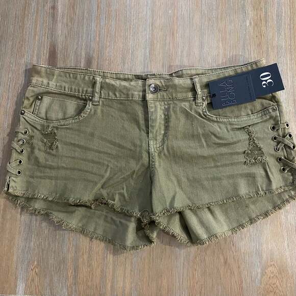 Billabong Pants - Billabong Lace-Up Distressed Frayed Hem Olive Denim Shorts Grunge
